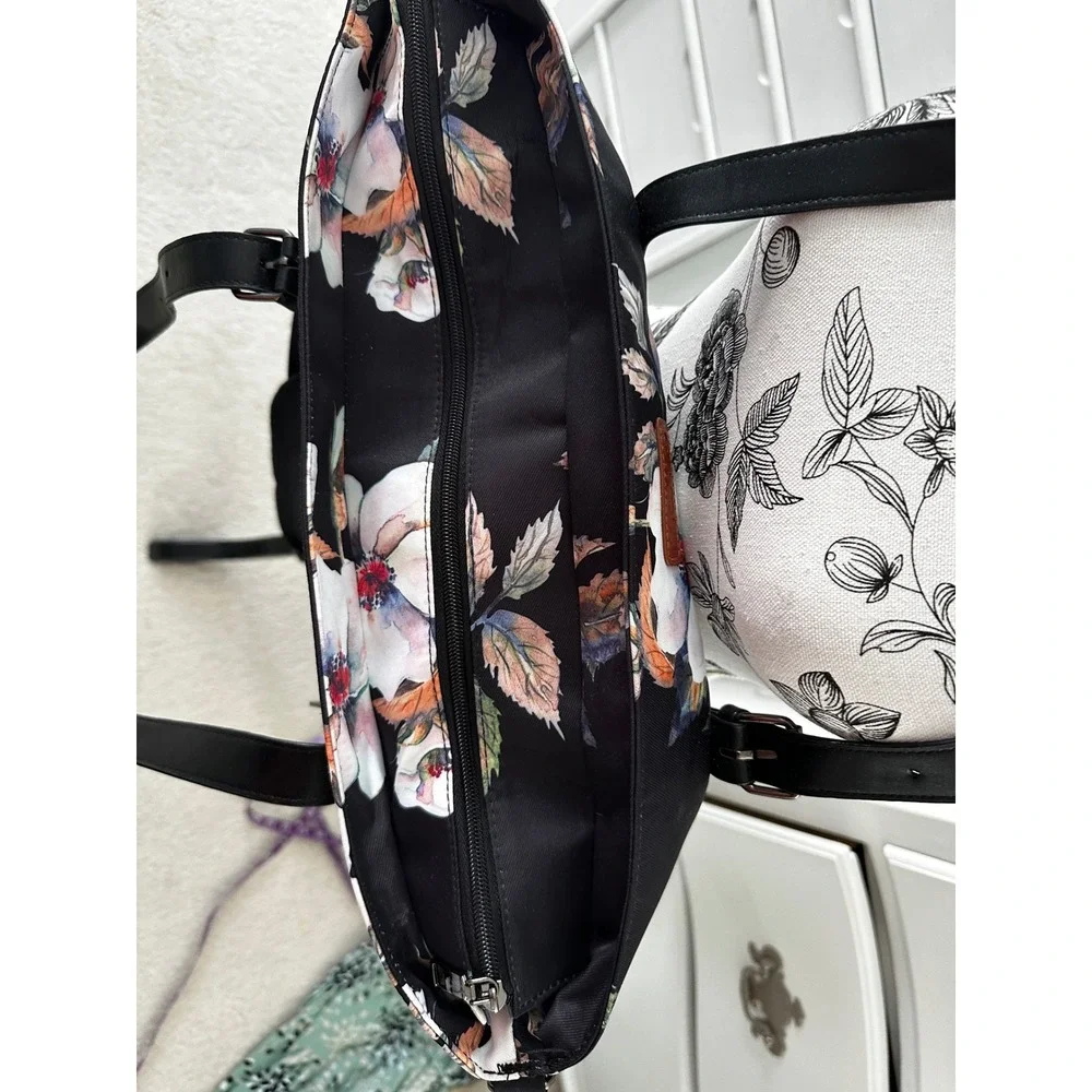 Mosiso Laptop Tote Bag Black Hibiscus Print USB Charging Port Crossbody Strap